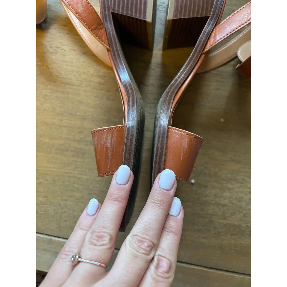 Tommy Hilfiger Tan Brown Ankle Strap Block Heel Square Toe Sandals